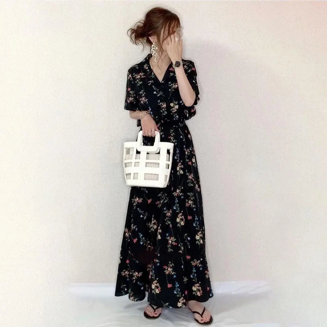 [Very popular★] Floral long dress, A-line maxi length, short sleeve, long dress