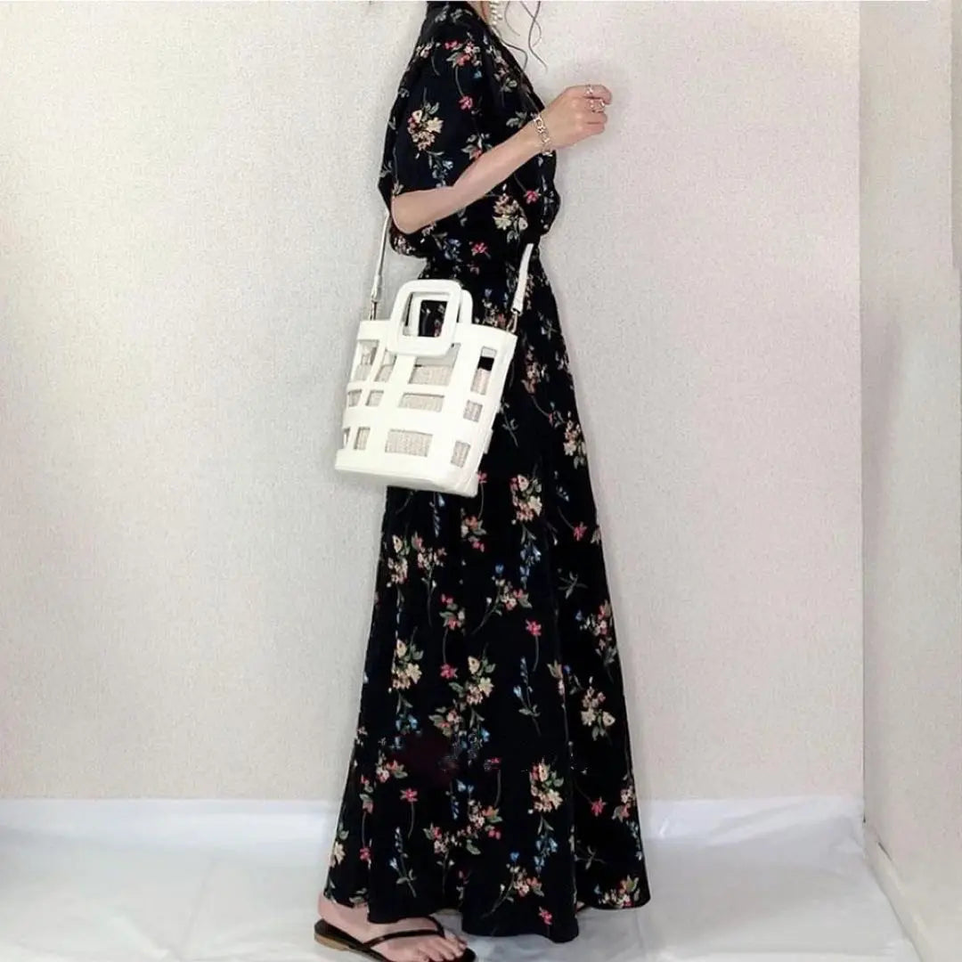 [Very popular★] Floral long dress, A-line maxi length, short sleeve, long dress