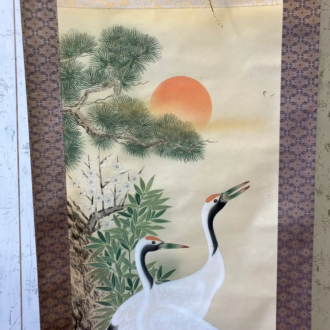 Showa retro, made by Tamaka, pine, bamboo, plum, crane, turtle, silk hanging scroll, hanging scroll, lucky charm, good luck, Fukuju decoration