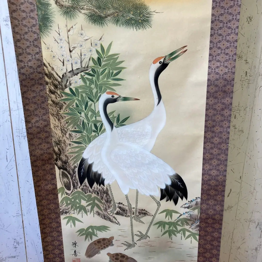 Showa retro, made by Tamaka, pine, bamboo, plum, crane, turtle, silk hanging scroll, hanging scroll, lucky charm, good luck, Fukuju decoration