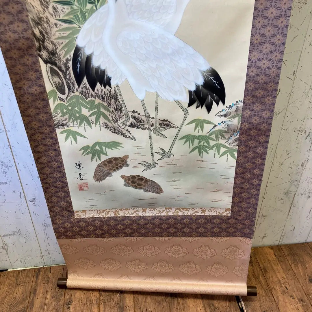 Showa retro, made by Tamaka, pine, bamboo, plum, crane, turtle, silk hanging scroll, hanging scroll, lucky charm, good luck, Fukuju decoration