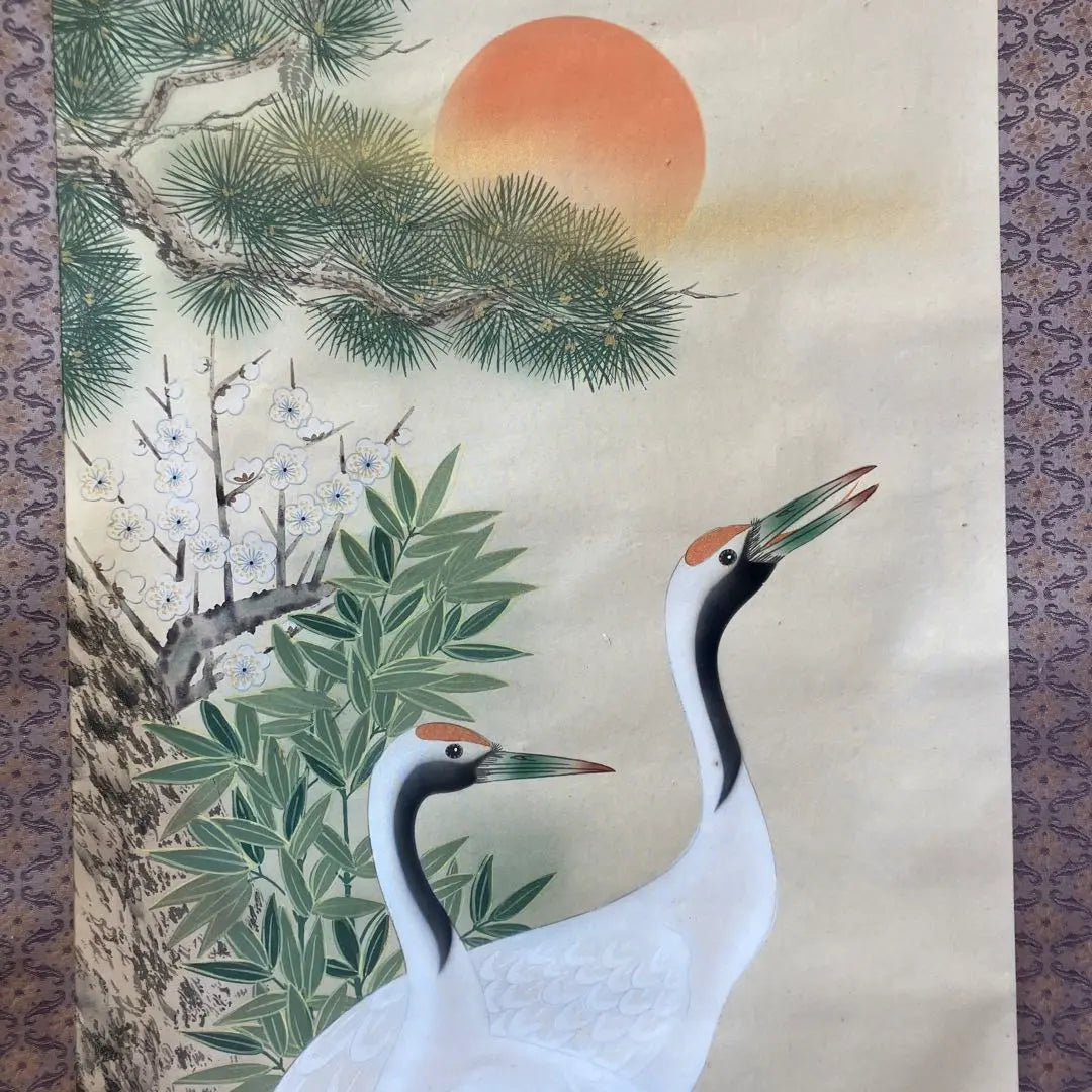 Showa retro, made by Tamaka, pine, bamboo, plum, crane, turtle, silk hanging scroll, hanging scroll, lucky charm, good luck, Fukuju decoration