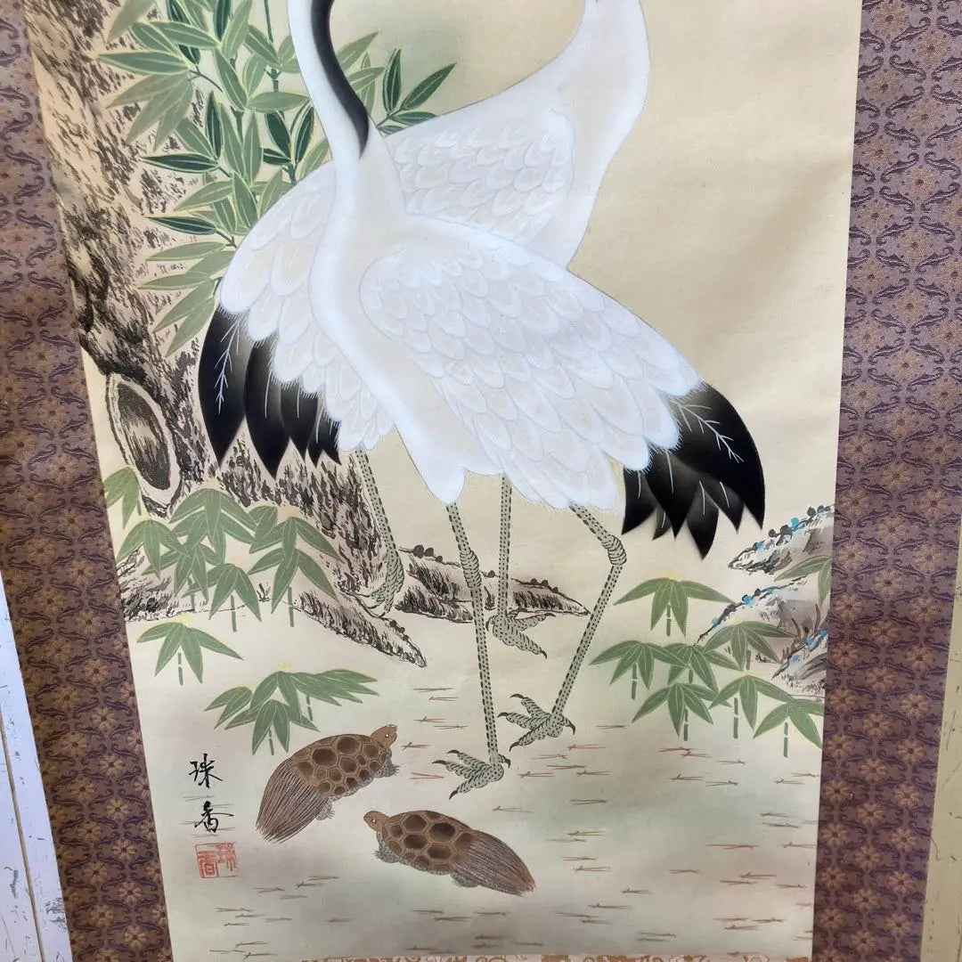 Showa retro, made by Tamaka, pine, bamboo, plum, crane, turtle, silk hanging scroll, hanging scroll, lucky charm, good luck, Fukuju decoration