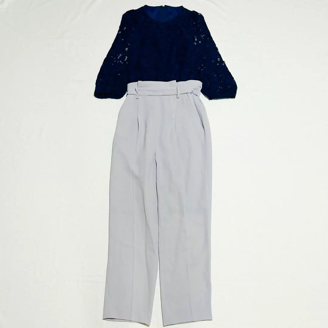 Diagram Puff Sleeve Overalls Navy Grey Lace 36