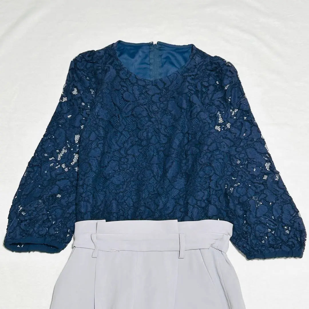 Diagram Puff Sleeve Overalls Navy Grey Lace 36