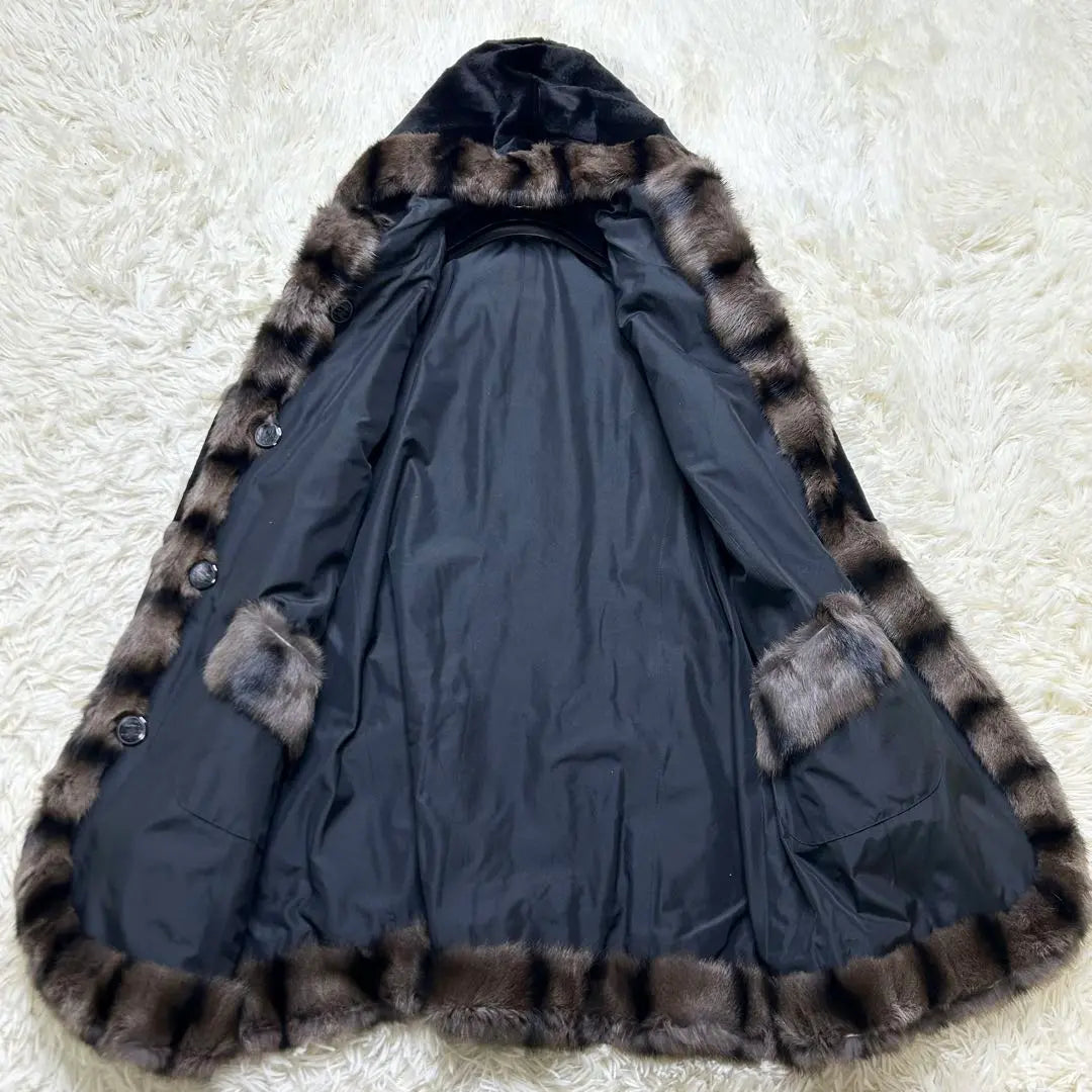 Russian Squirrel Wiesel Silk Reversible Long Coat Black LL Equivalent