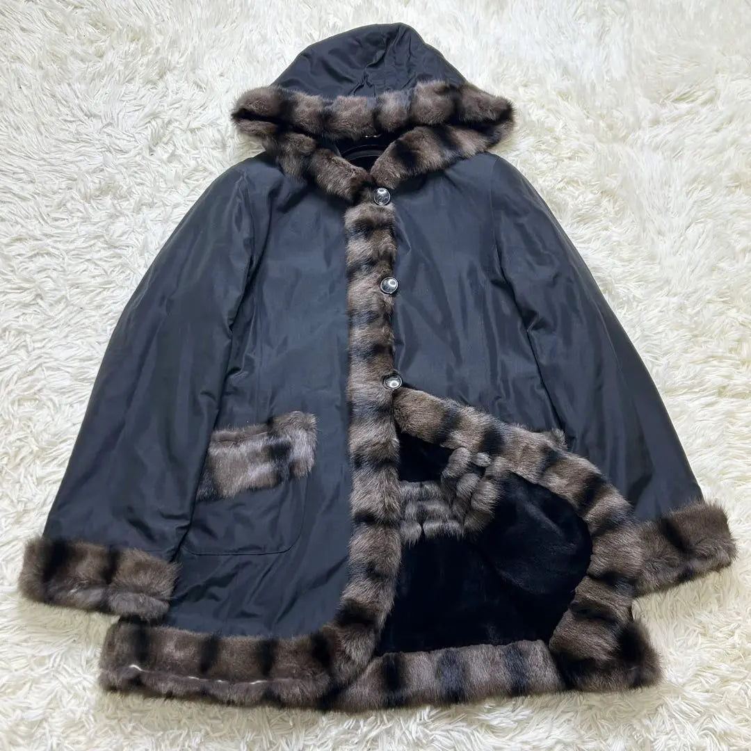 Russian Squirrel Wiesel Silk Reversible Long Coat Black LL Equivalent