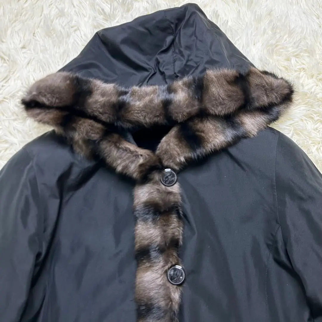 Russian Squirrel Wiesel Silk Reversible Long Coat Black LL Equivalent