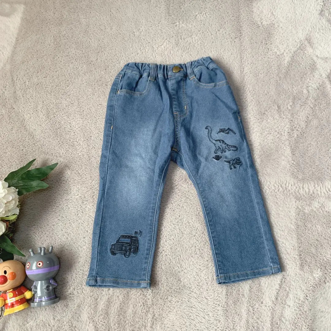 Pantalones de mezclilla para bebés (90) Niños/Pantalones largos/Jeans/Jeans/Dinosaurios/Buen estado | ベビーデニムパンツ(90)キッズ/長ズボン/ジーンズ/ジーパン/恐竜/美品