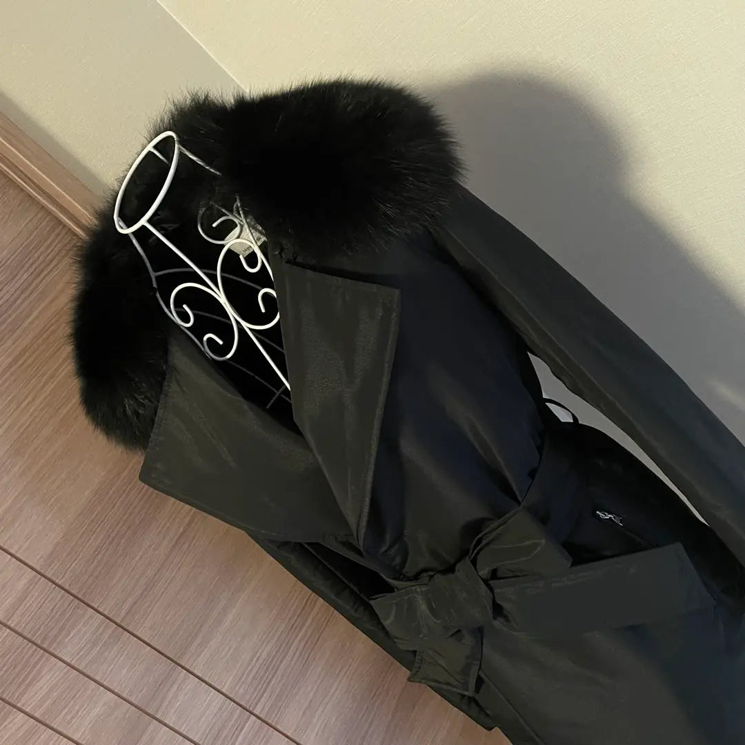 Good condition☆M PREMIER BLACK☆Fox fur batting coat 36