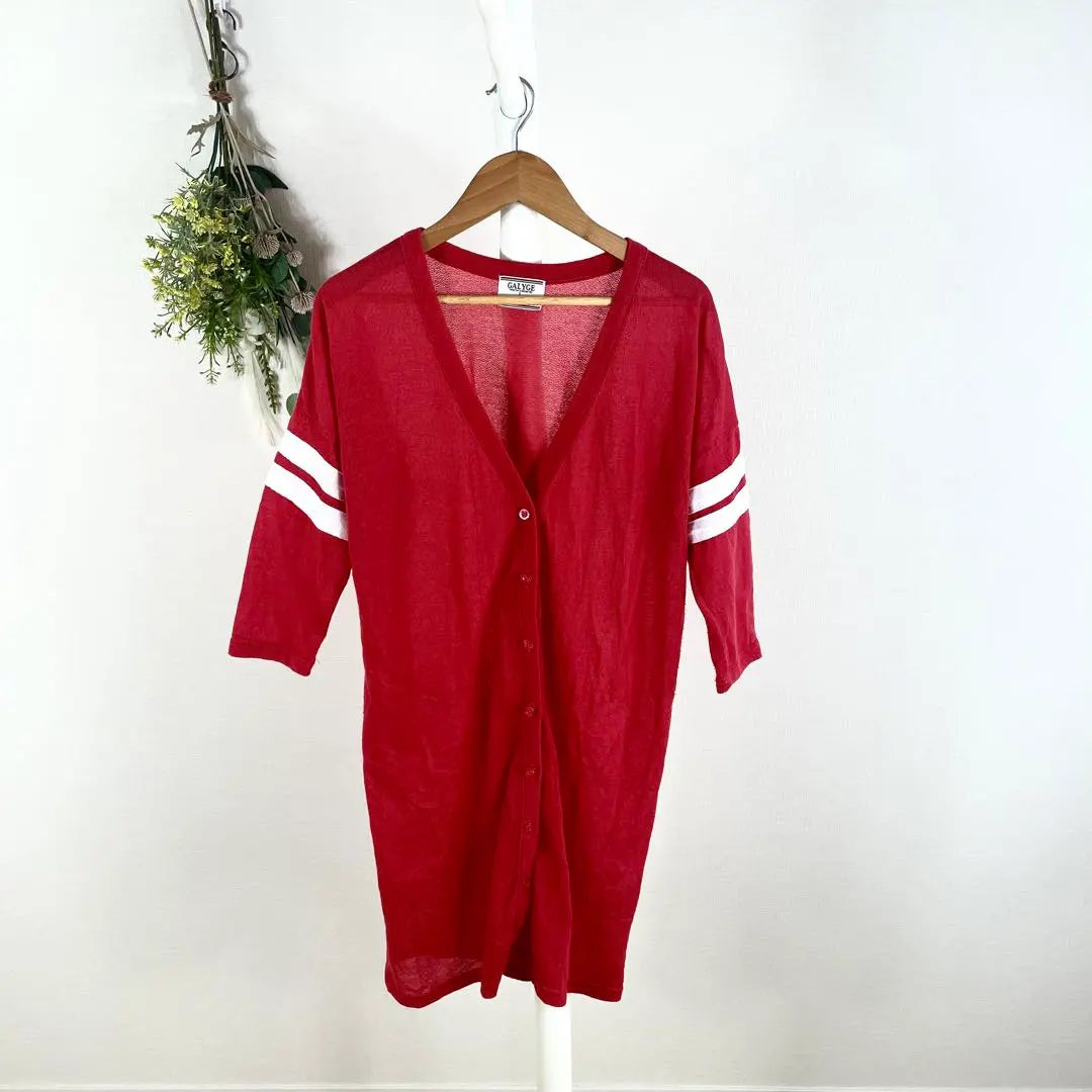 T0782 Shimamura thin cardigan red large knee length beautiful marine style