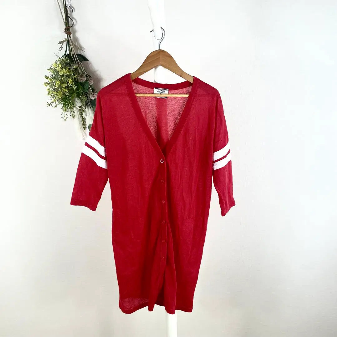 T0782 Shimamura thin cardigan red large knee length beautiful marine style