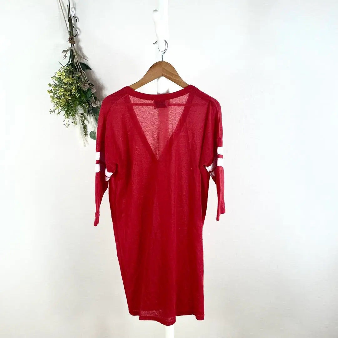 T0782 Shimamura thin cardigan red large knee length beautiful marine style