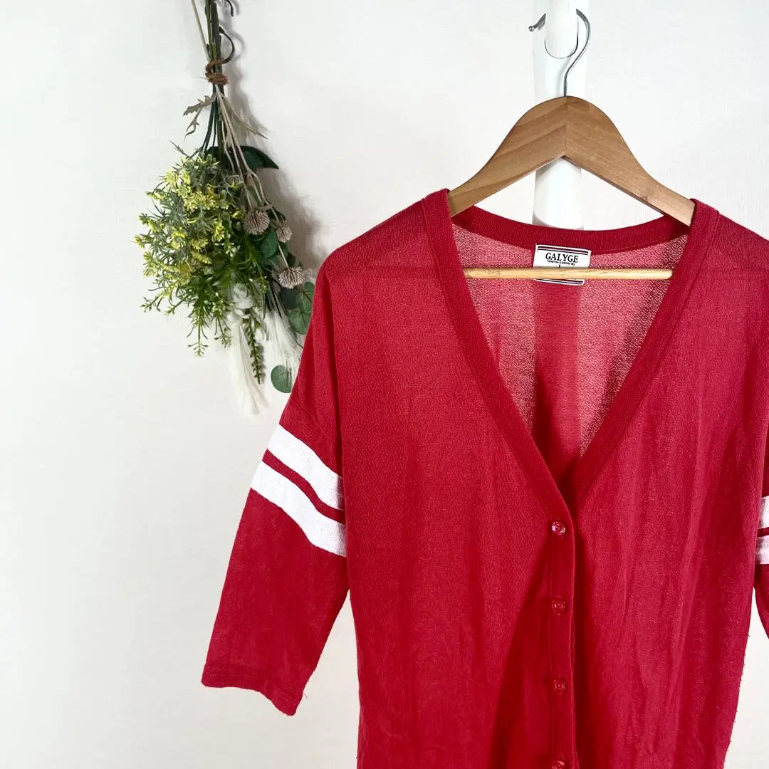 T0782 Shimamura thin cardigan red large knee length beautiful marine style