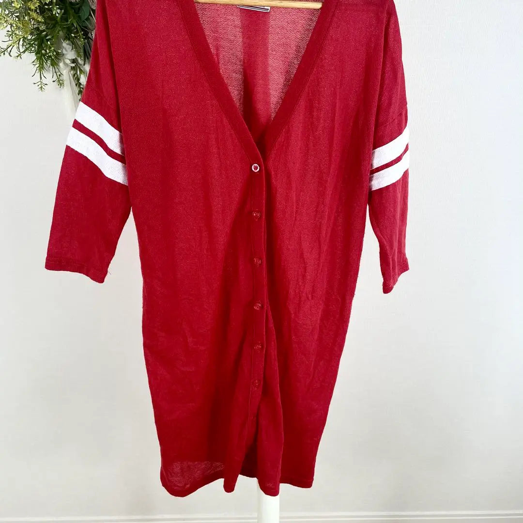 T0782 Shimamura thin cardigan red large knee length beautiful marine style