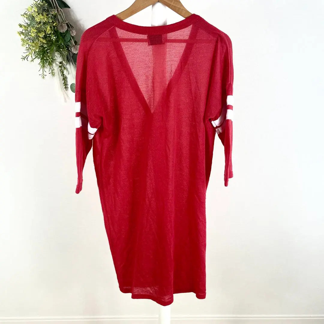 T0782 Shimamura thin cardigan red large knee length beautiful marine style