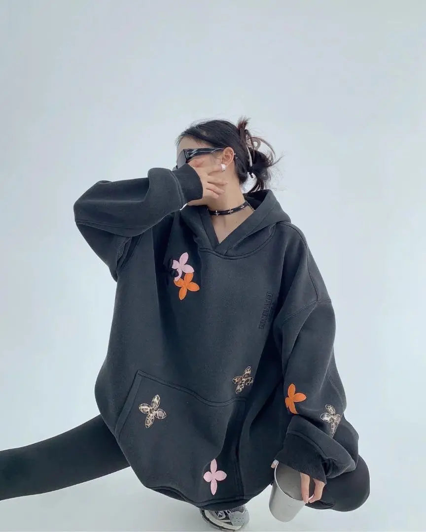 [Aurora boutique] Flower patch oversized hoodie