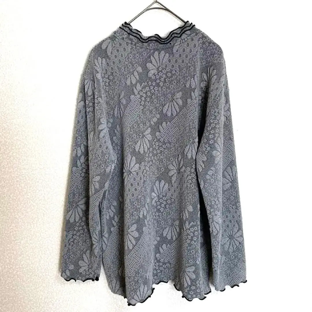 ★Mellow, ruffled neck, crepe, long sleeves, tops, floral pattern, gray, free, stretchy