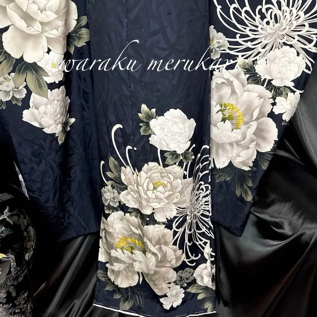 ◾️ Deep blue dark blue kimono set, peony chrysanthemum crest, full order, coming -of -age full set