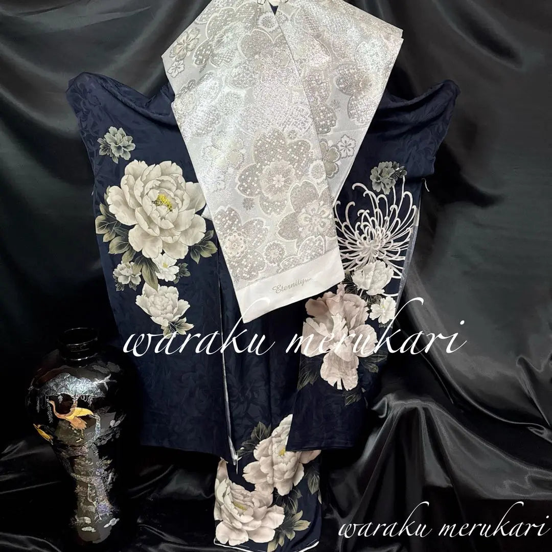 ◾️ Conjunto de kimono azul oscuro, cresta de crisantemo de peonía, pedido completo, conjunto completo de mayoría de edad | ◾️ディープブルー濃紺色 振袖一式、牡丹菊紋、フルオーダー、成人式フルセット