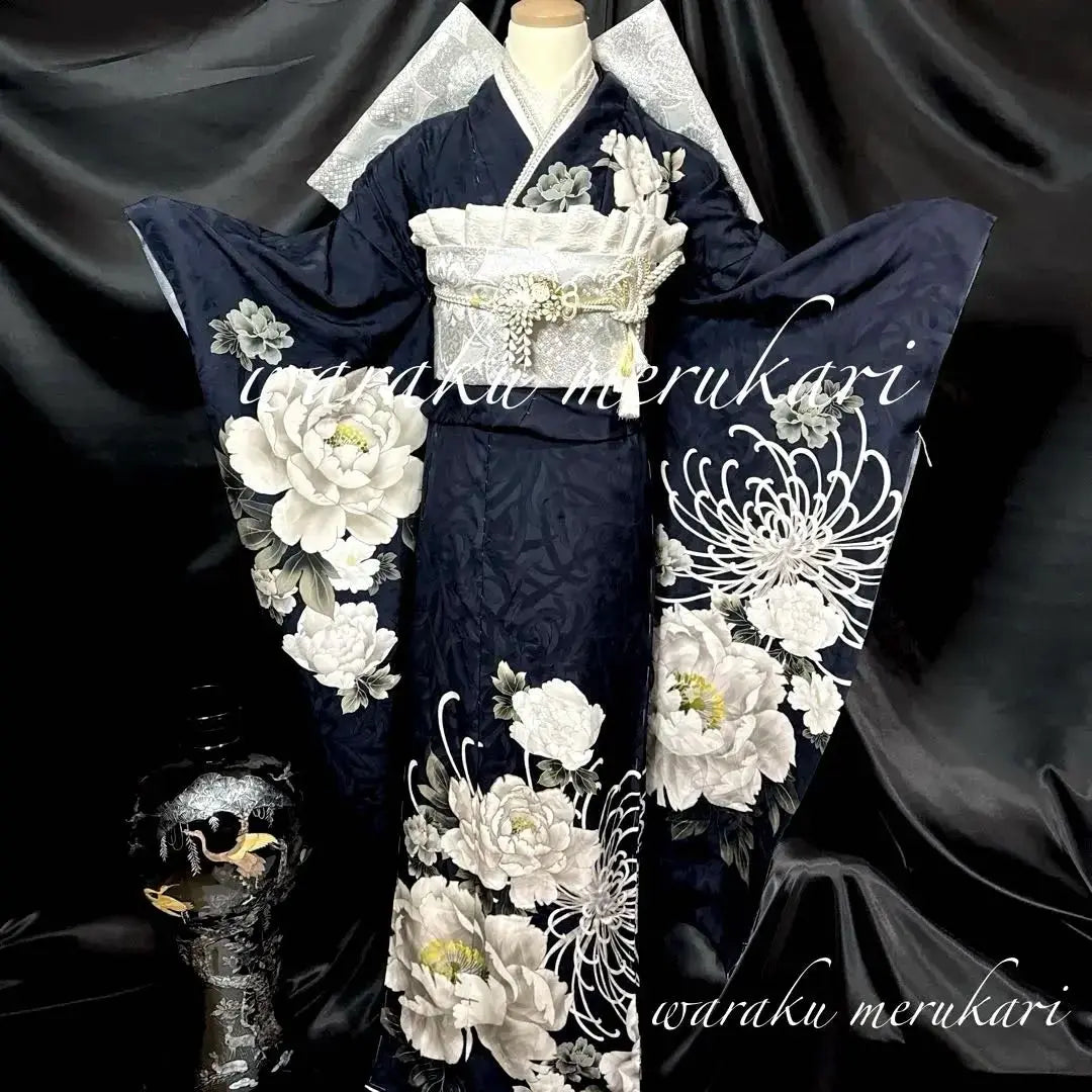 ◾️ Conjunto de kimono azul oscuro, cresta de crisantemo de peonía, pedido completo, conjunto completo de mayoría de edad | ◾️ディープブルー濃紺色 振袖一式、牡丹菊紋、フルオーダー、成人式フルセット