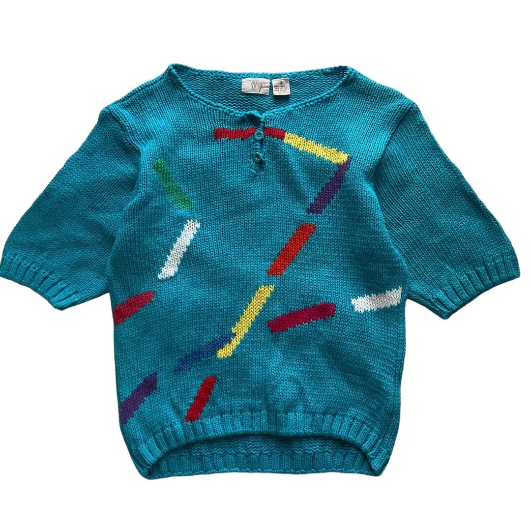 [1990s] Vintage Design Hand Knit Short Sleeve Knit Sweater Vintage Clothing | 【1990s】ビンテージ　デザインハンドニット　半袖ニットセーター　古着