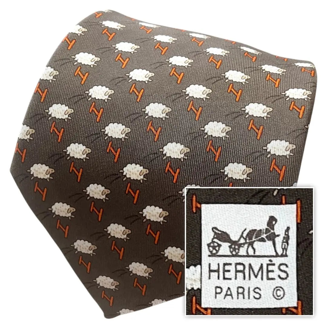 HERMES Sheep Pattern Brown Tie with Special Box