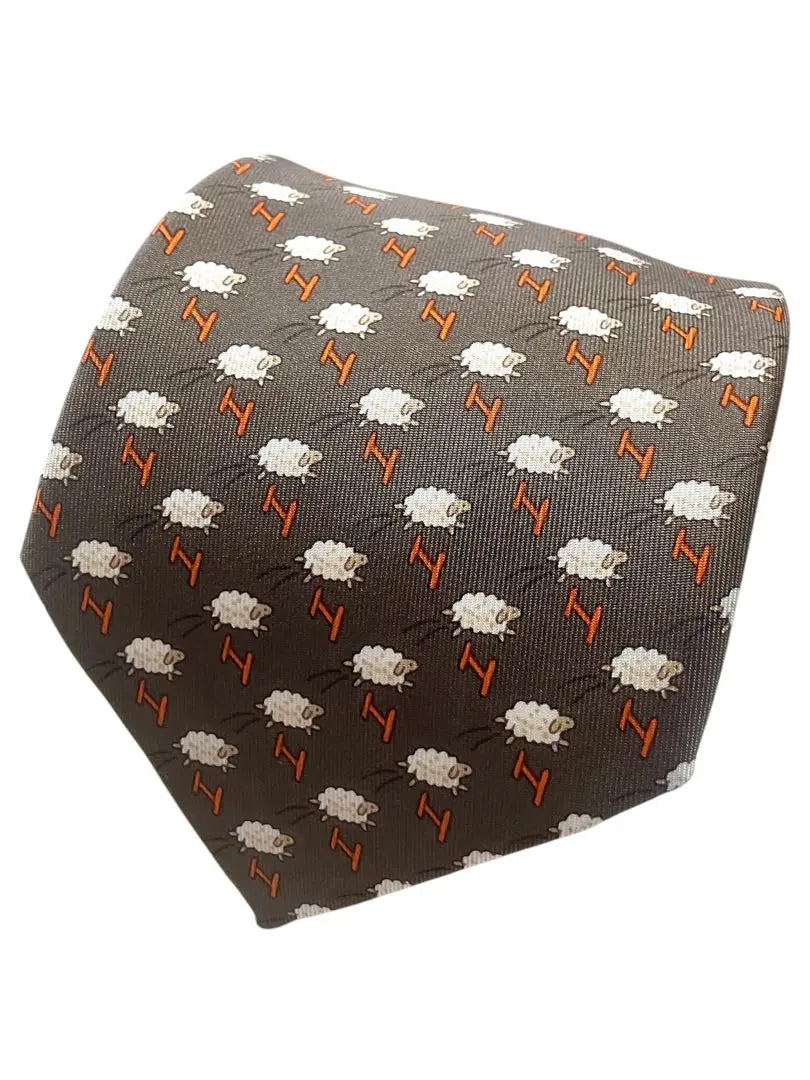 HERMES Sheep Pattern Brown Tie with Special Box