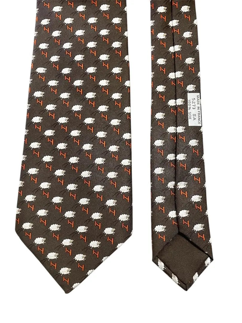 HERMES Sheep Pattern Brown Tie with Special Box