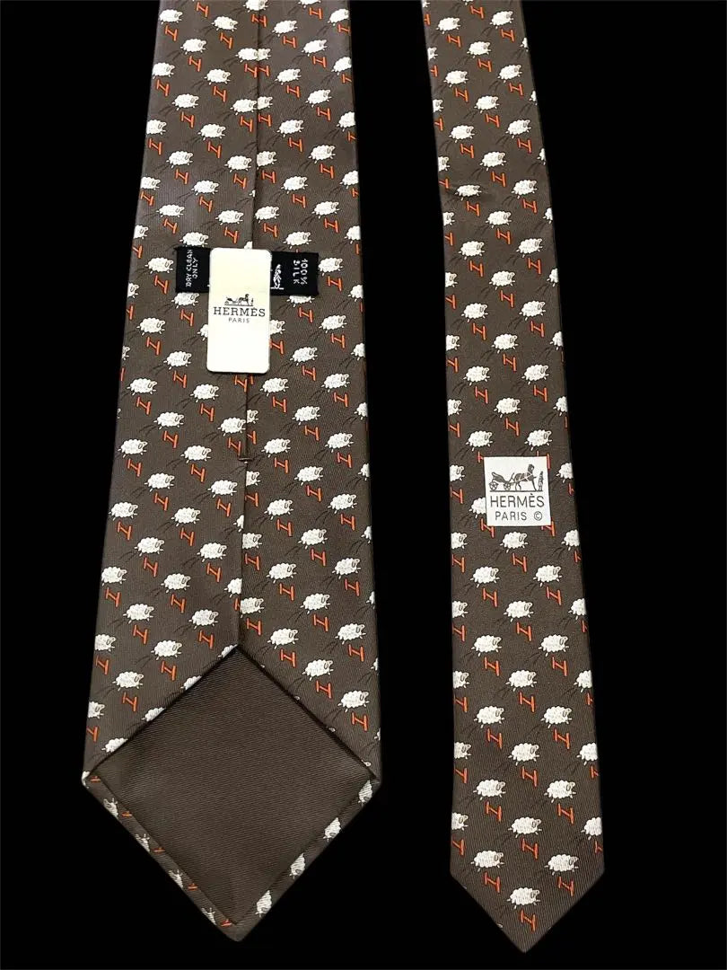 HERMES Sheep Pattern Brown Tie with Special Box