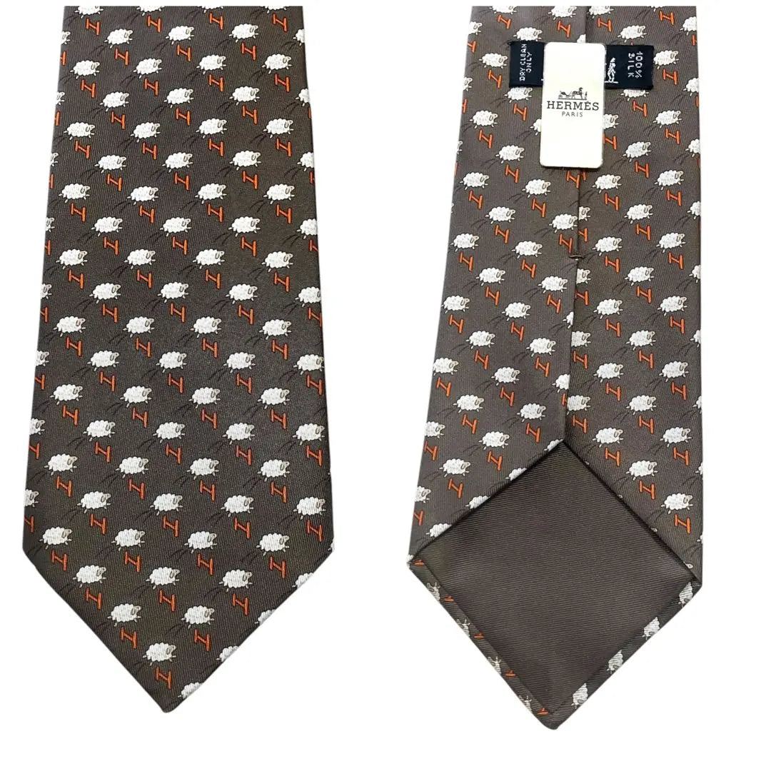 HERMES Sheep Pattern Brown Tie with Special Box