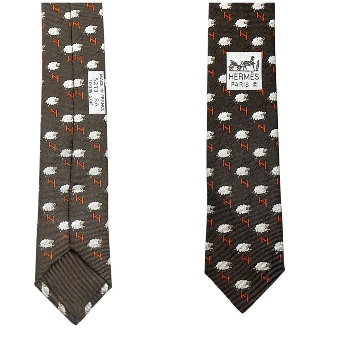 HERMES Sheep Pattern Brown Tie with Special Box