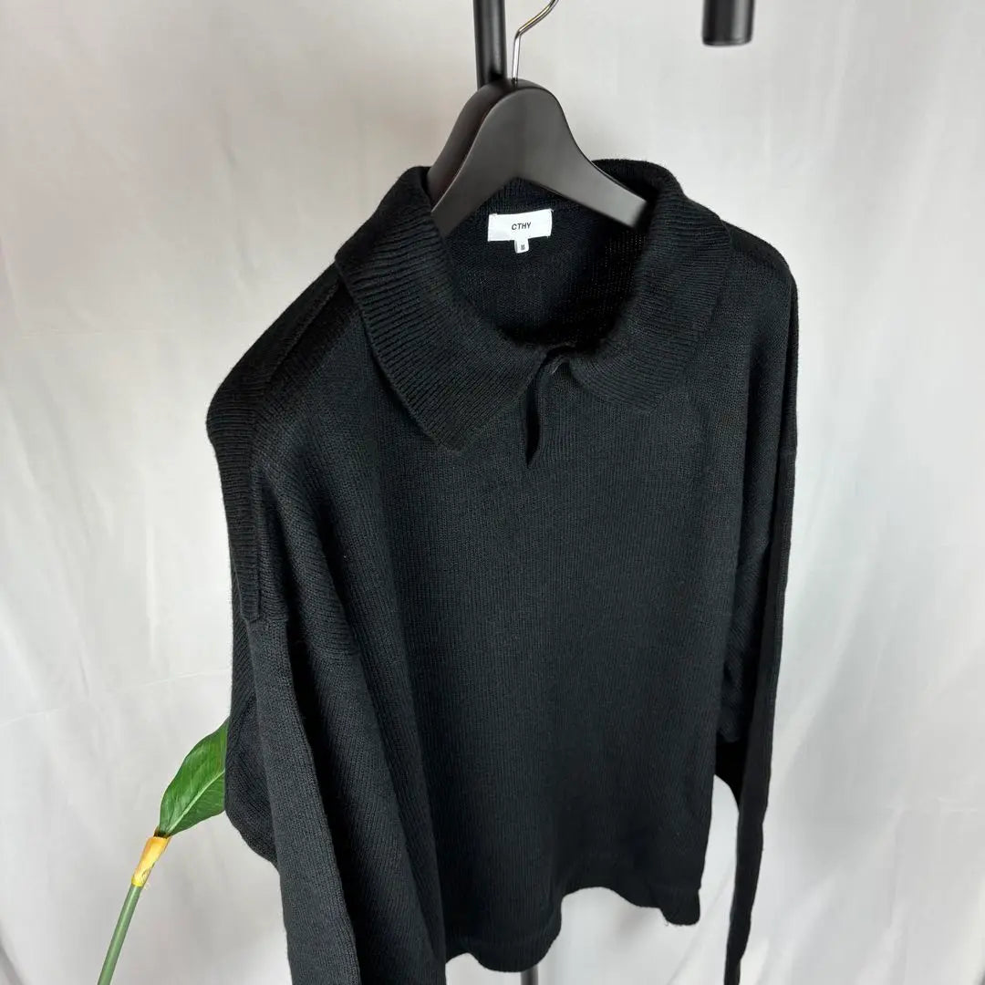 [Super Good Condition] CTHY Knit Single Button Knit Long Sleeve Polo Shirt M Black