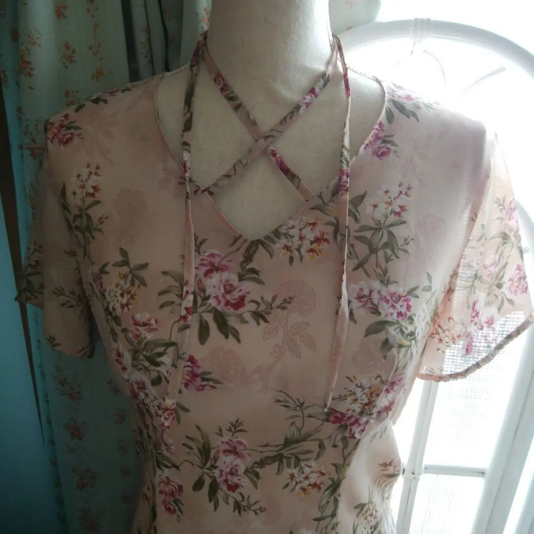 Short sleeve long dress, antique, pink, floral pattern