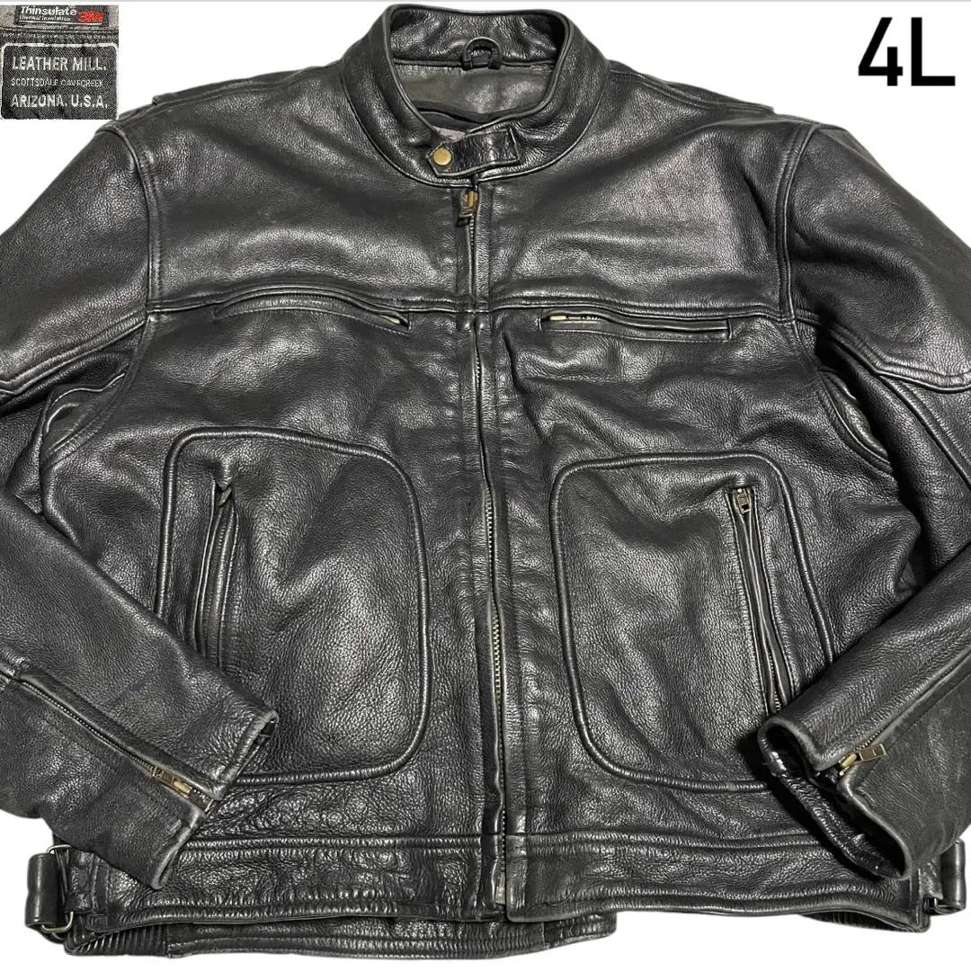 [Super large size x genuine leather] Real leather single rider jacket USA black 4L