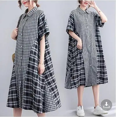 Talla grande para mujer, primavera y verano, camisa, vestido, estampado de cuadros, manga corta.