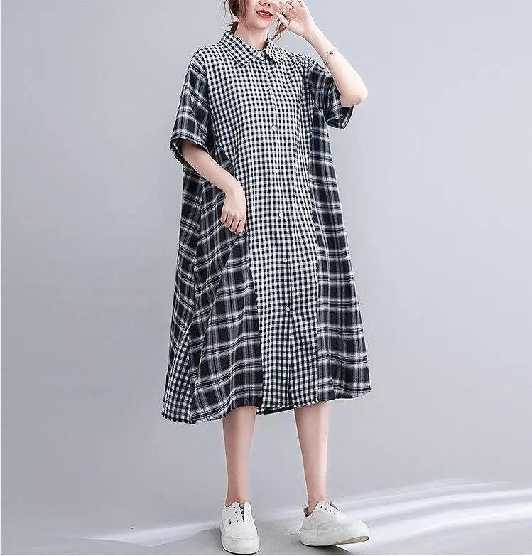 Large size for women, spring and summer, shirt, dress, checkered pattern, short sleeves