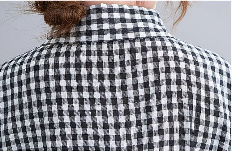 Large size for women, spring and summer, shirt, dress, checkered pattern, short sleeves