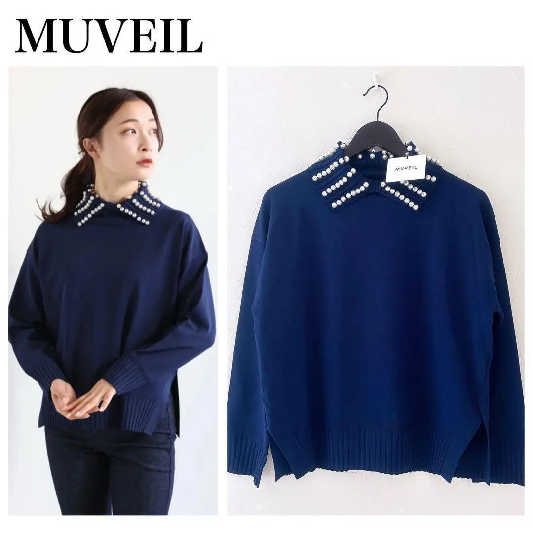 《New》MUVEIL Pearl Collar Pullover Knit Long Sleeve Slit Navy M