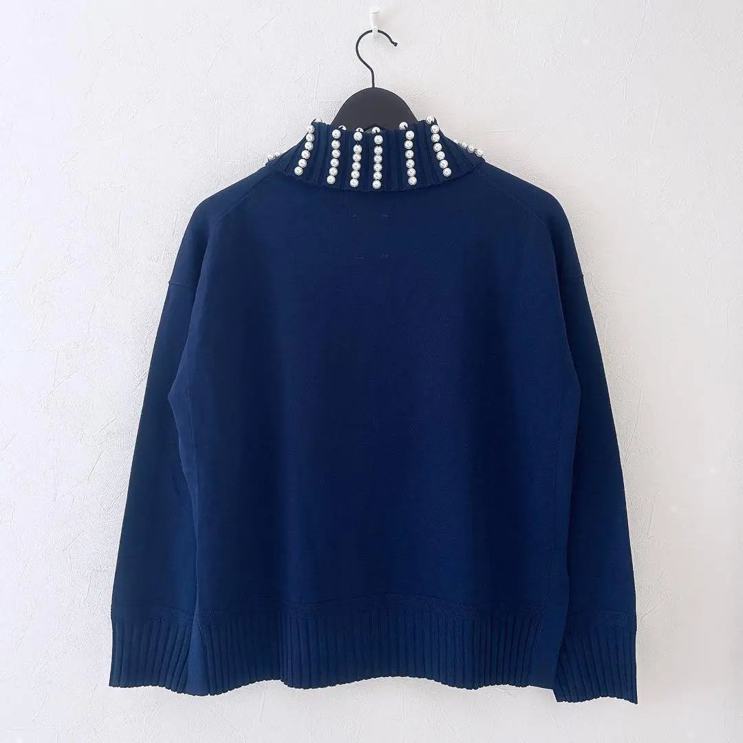 《New》MUVEIL Pearl Collar Pullover Knit Long Sleeve Slit Navy M