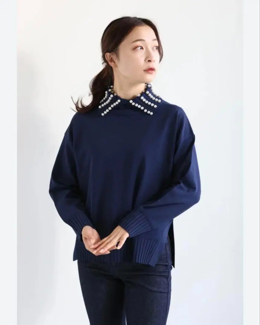 《New》MUVEIL Pearl Collar Pullover Knit Long Sleeve Slit Navy M