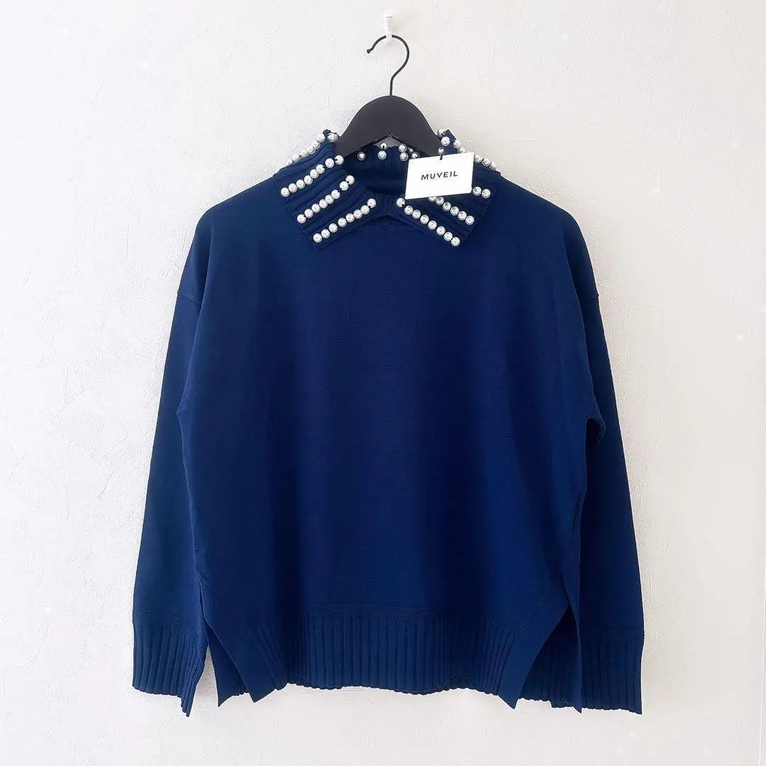 《New》MUVEIL Pearl Collar Pullover Knit Long Sleeve Slit Navy M