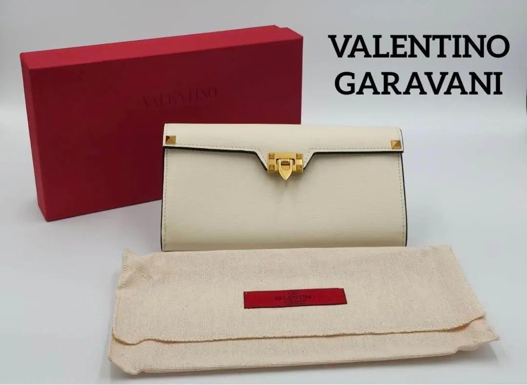 [Buen estado]★VALENTINO★ Cartera larga, piel, tachuelas, blanco, dorado