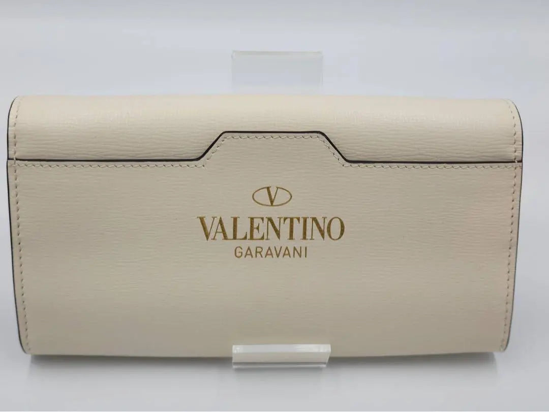 [Buen estado]★VALENTINO★ Cartera larga, piel, tachuelas, blanco, dorado