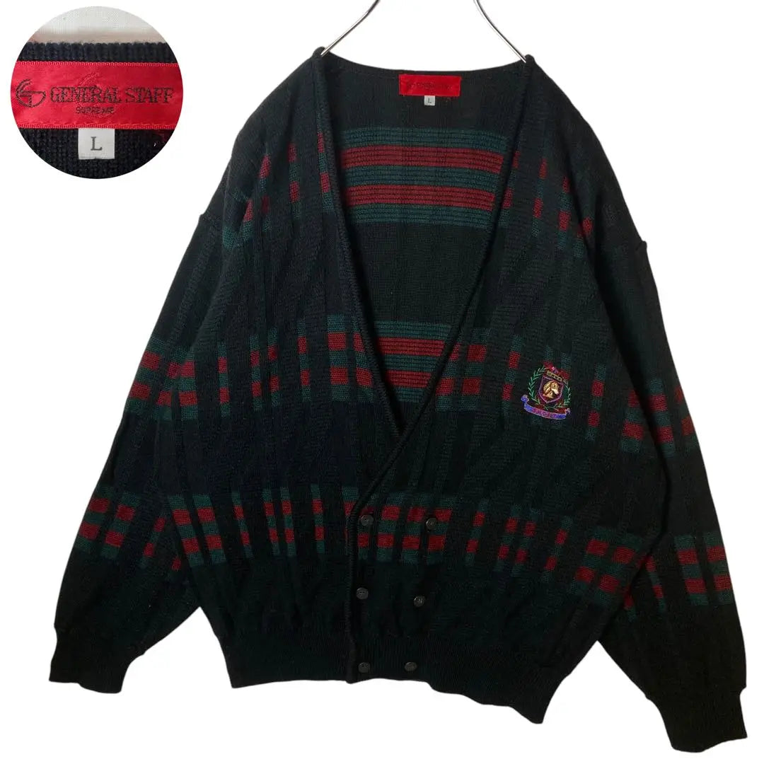 Japanese-made retro vintage double design knit cardigan emblem embroidery logo loose