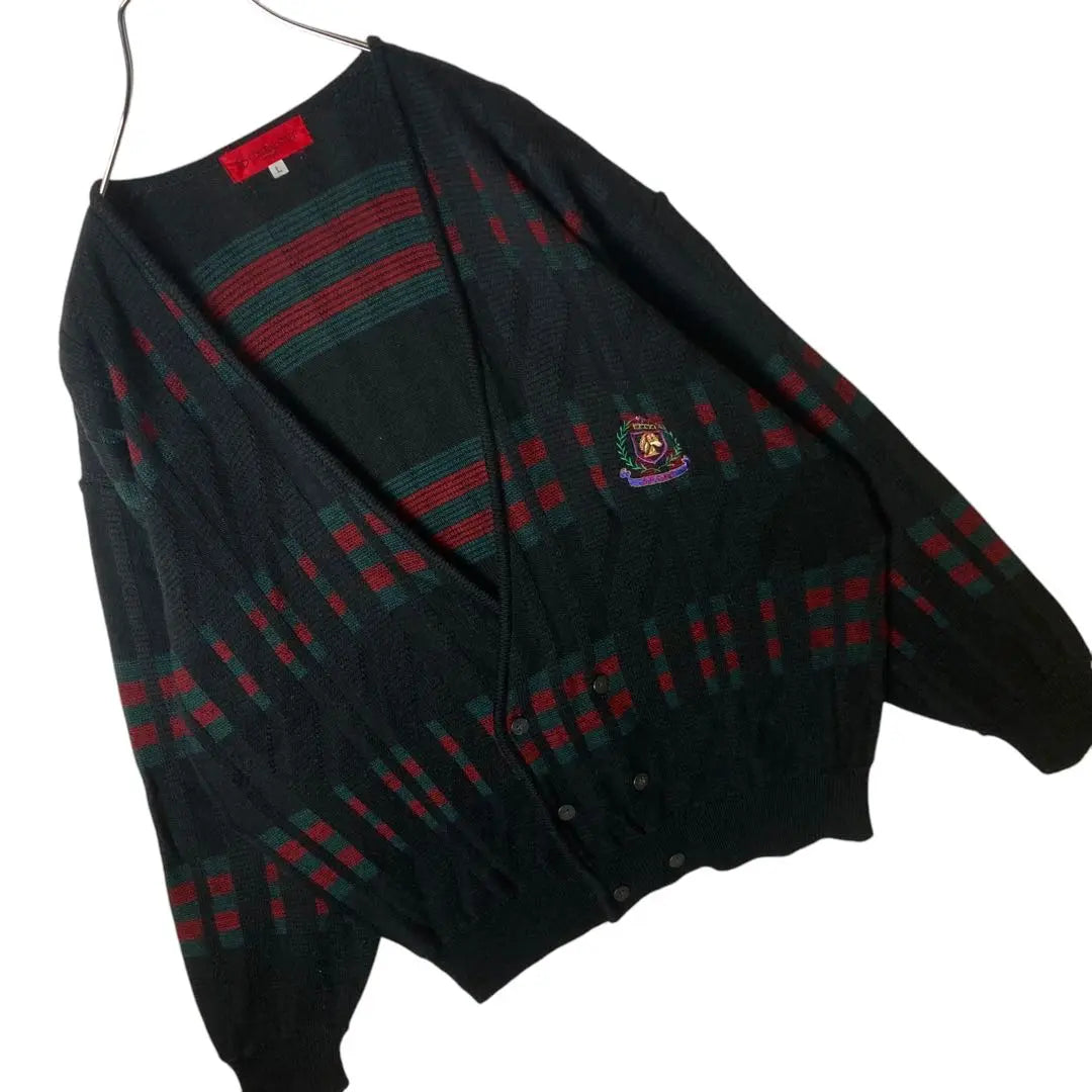 Japanese-made retro vintage double design knit cardigan emblem embroidery logo loose