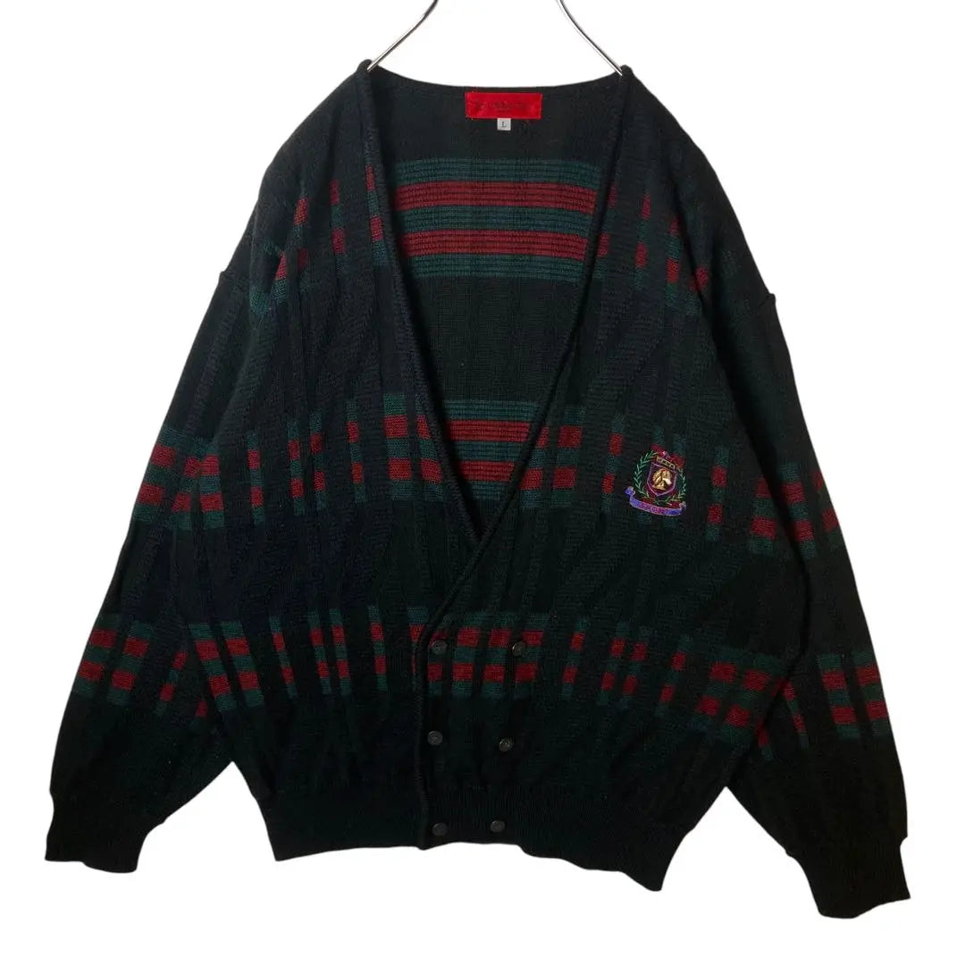 Japanese-made retro vintage double design knit cardigan emblem embroidery logo loose