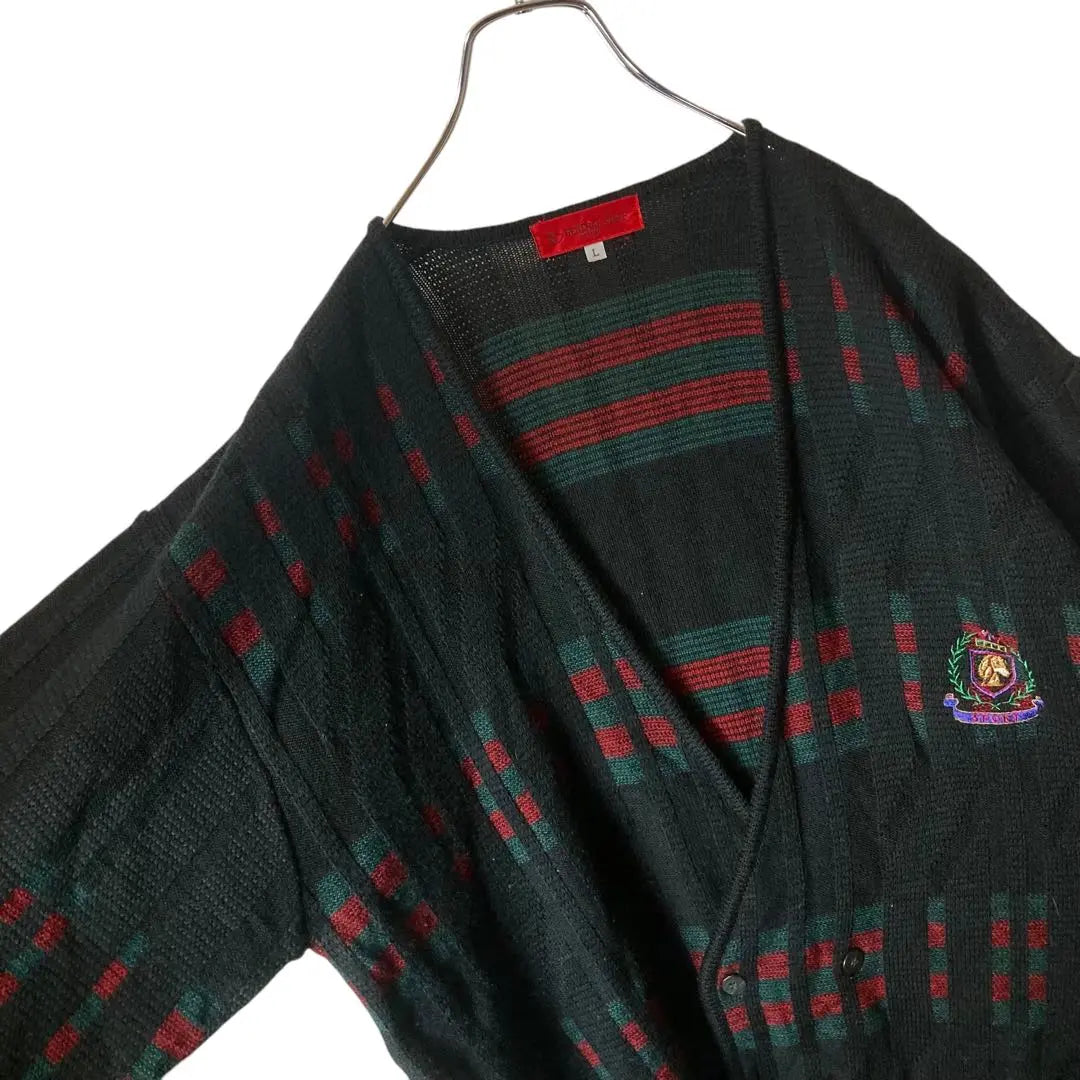 Japanese-made retro vintage double design knit cardigan emblem embroidery logo loose