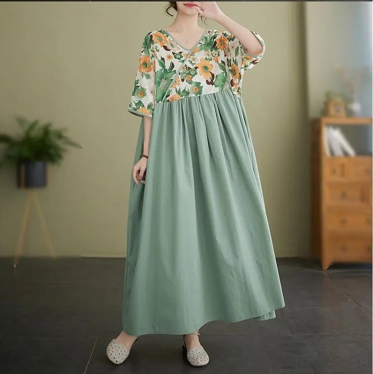 [Large Size] Women's Long Dress Spring/Summer/Autumn New Short Sleeve Floral Pattern