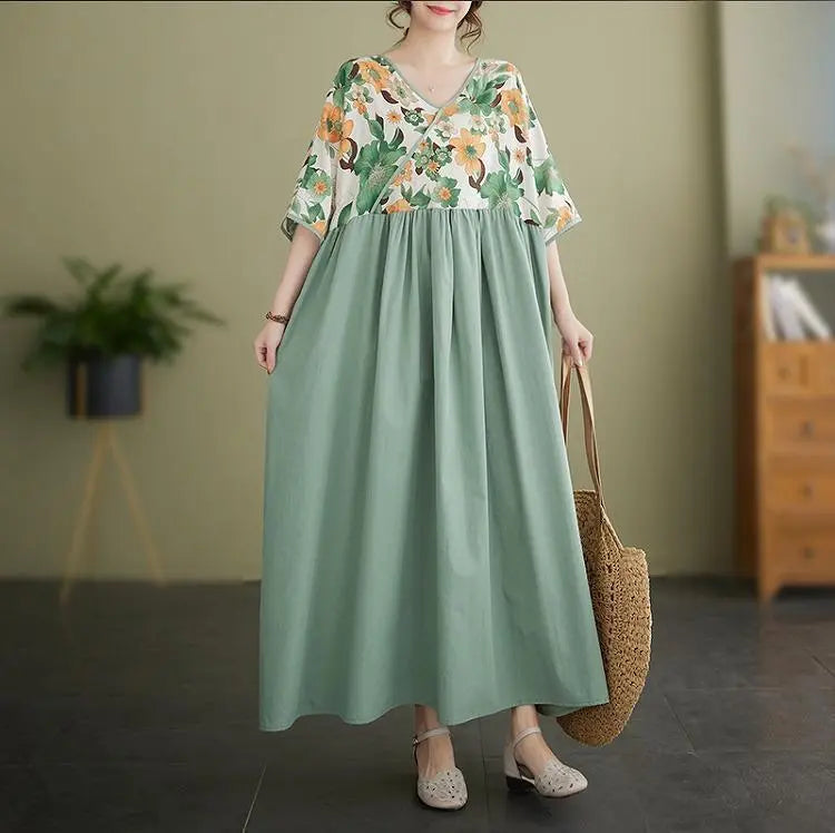 [Large Size] Women's Long Dress Spring/Summer/Autumn New Short Sleeve Floral Pattern